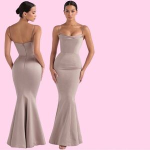 NWOT HOUSE OF CB 'Violette' Mushroom Satin Fishtail Gown -S *84*